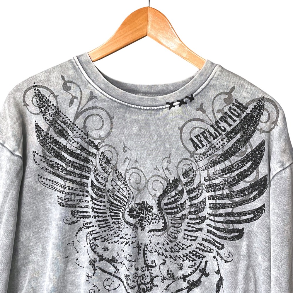 Affliction Womens Gray Acid Wash Graphic Sweatshirt Lace Ladder Back Size M